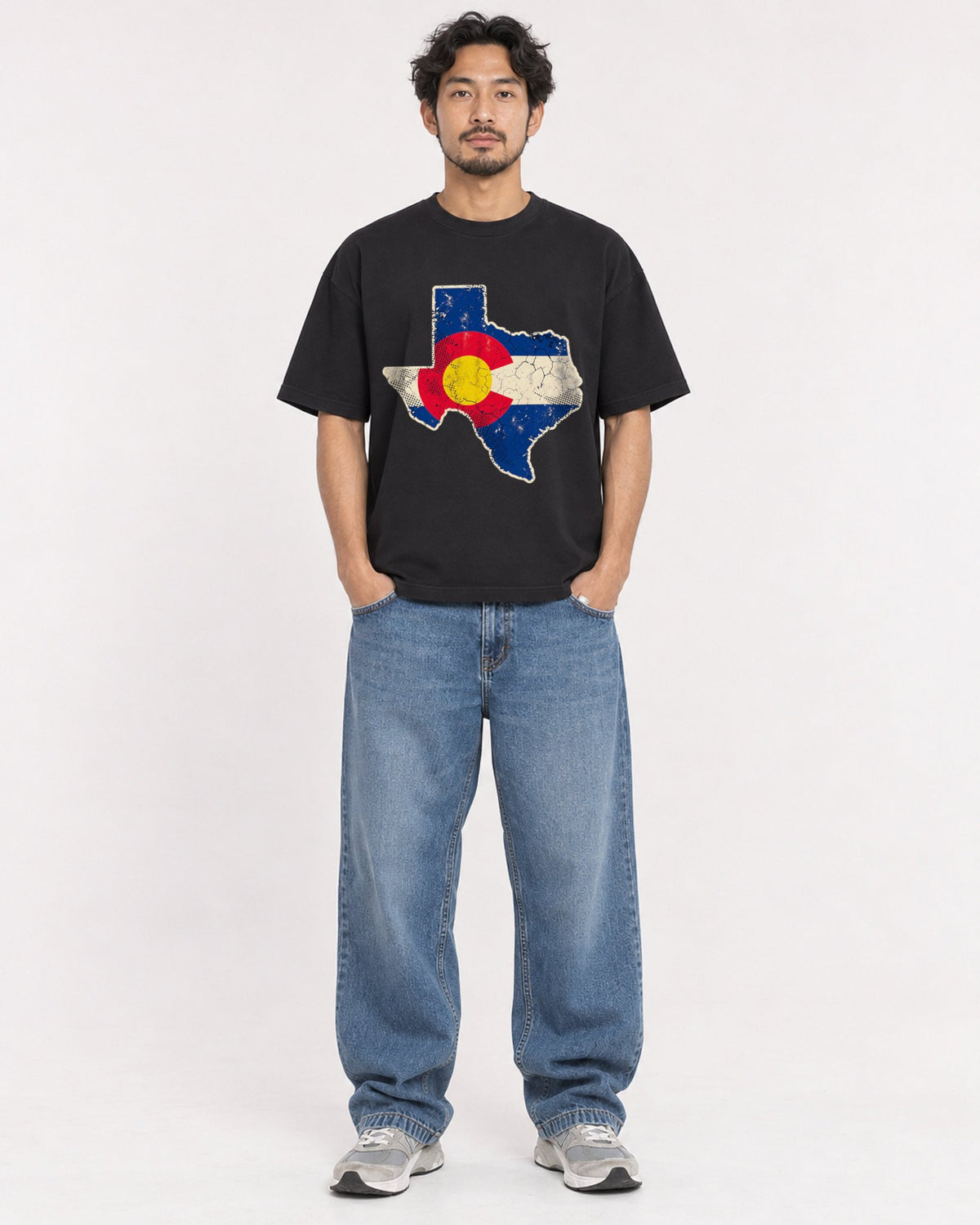 Mockup Boxy Heavyweight Tee Black male full-body 02