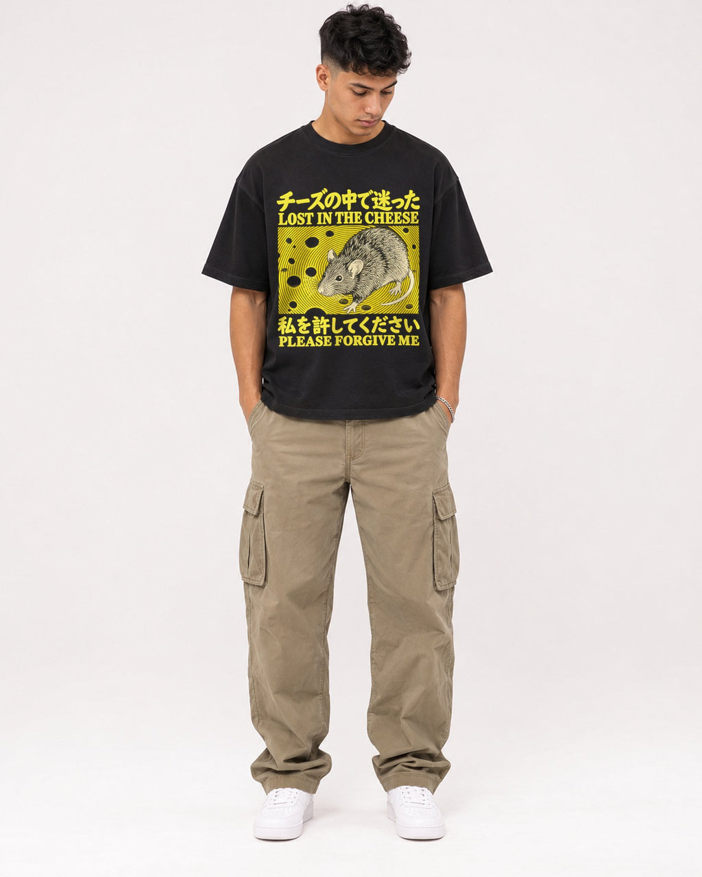 Mockup Boxy Heavyweight Tee Black male full-body 16