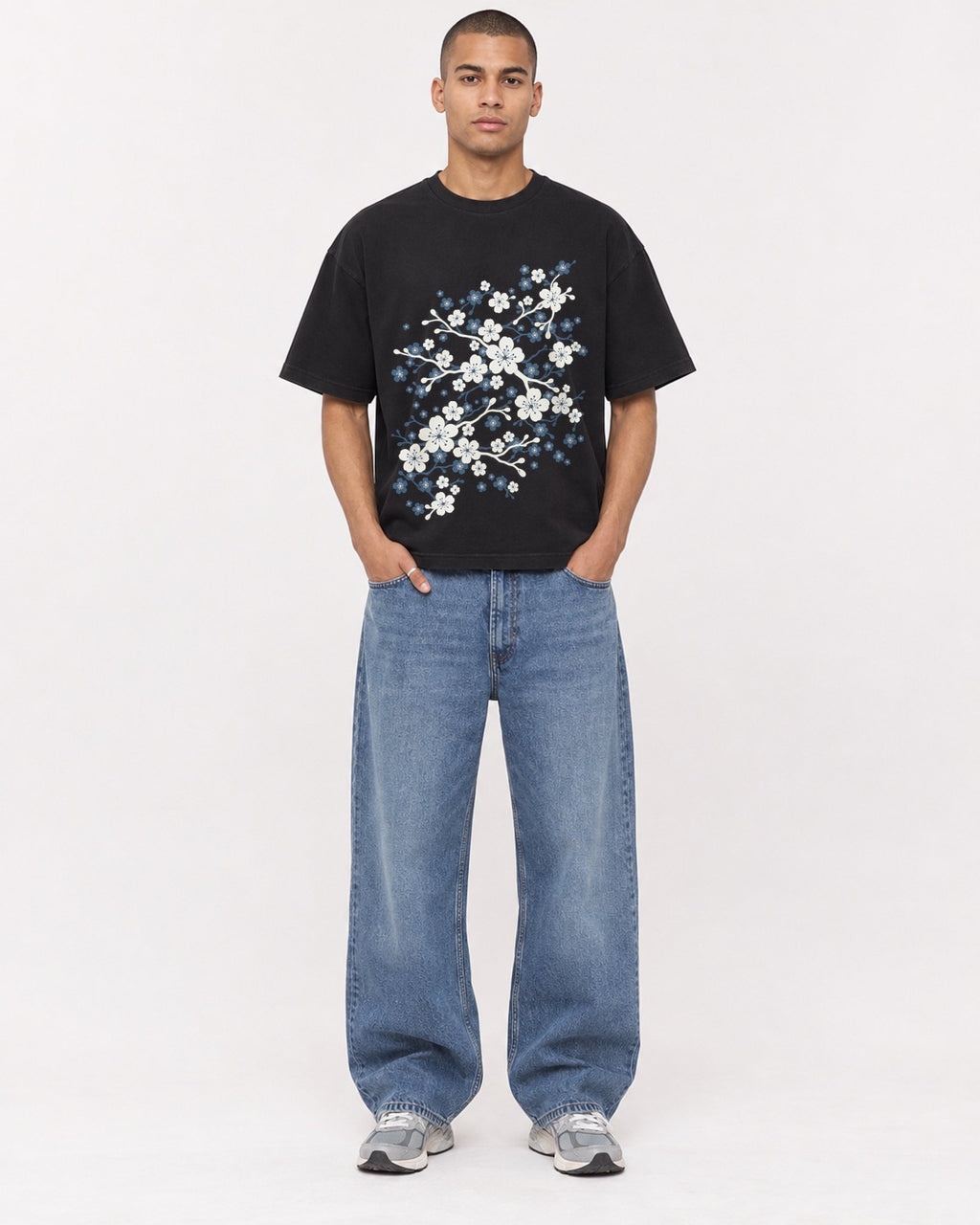 Mockup Boxy Heavyweight Tee Black male full-body 50