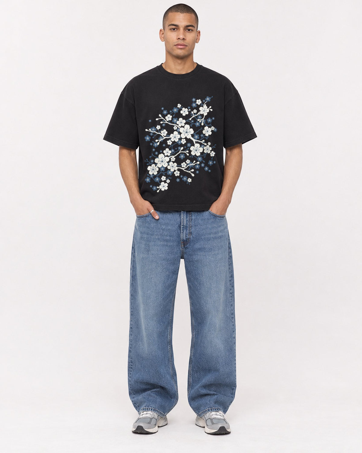 Mockup Boxy Heavyweight Tee Black male full-body 50