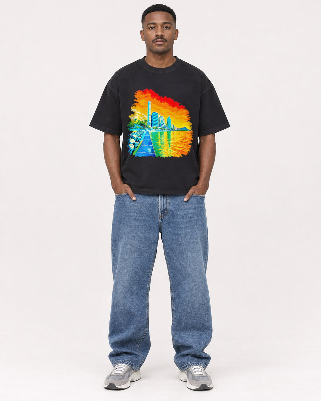 Mockup Boxy Heavyweight Tee Black male full-body 14