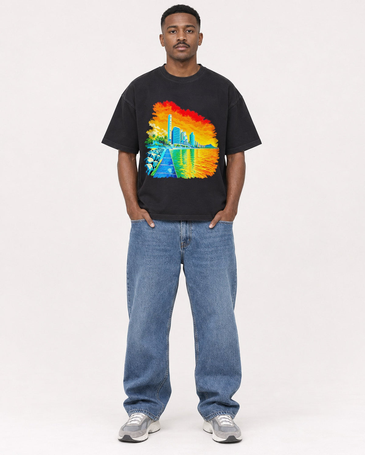 Mockup Boxy Heavyweight Tee Black male full-body 14