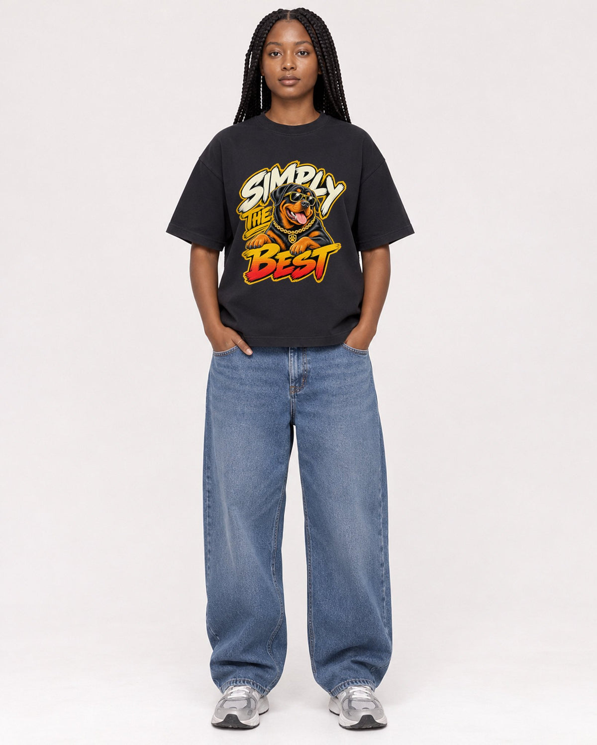 Mockup Boxy Heavyweight Tee Black female full-body 04