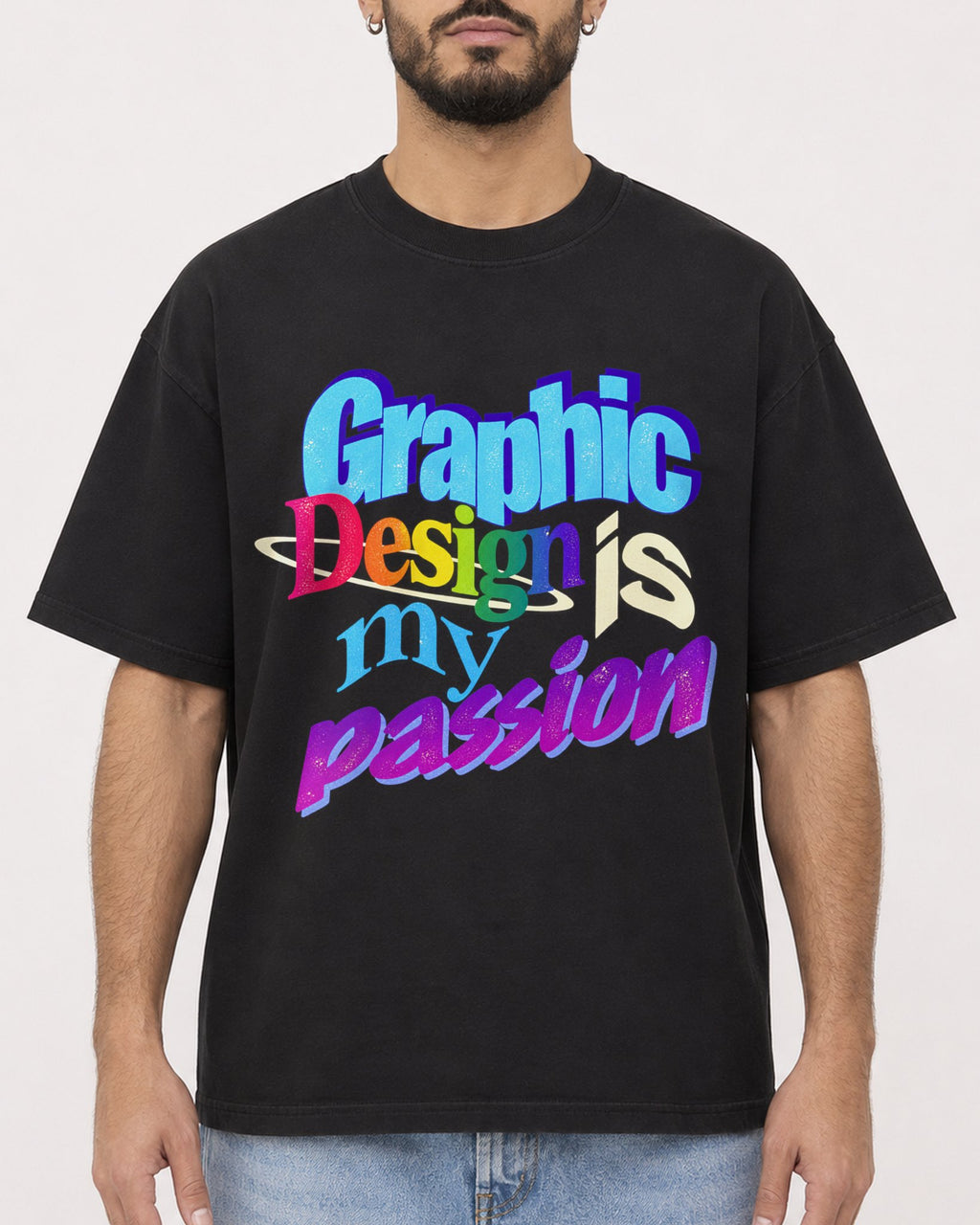 Mockup Boxy Heavyweight Tee Black male close-up 37