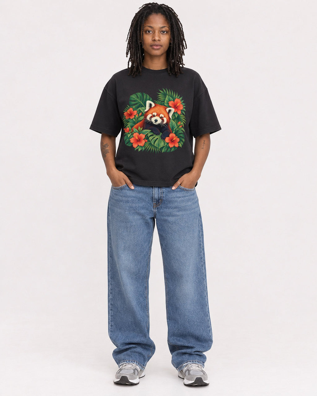 Mockup Boxy Heavyweight Tee Black female full-body 24