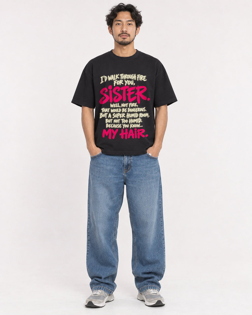 Mockup Boxy Heavyweight Tee Black male full-body 02