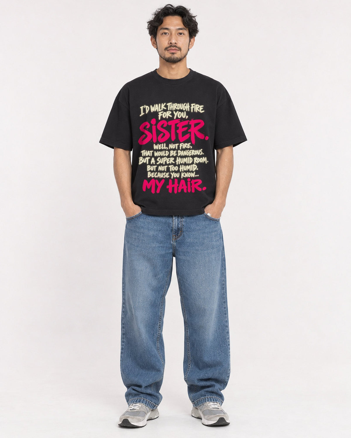 Mockup Boxy Heavyweight Tee Black male full-body 02