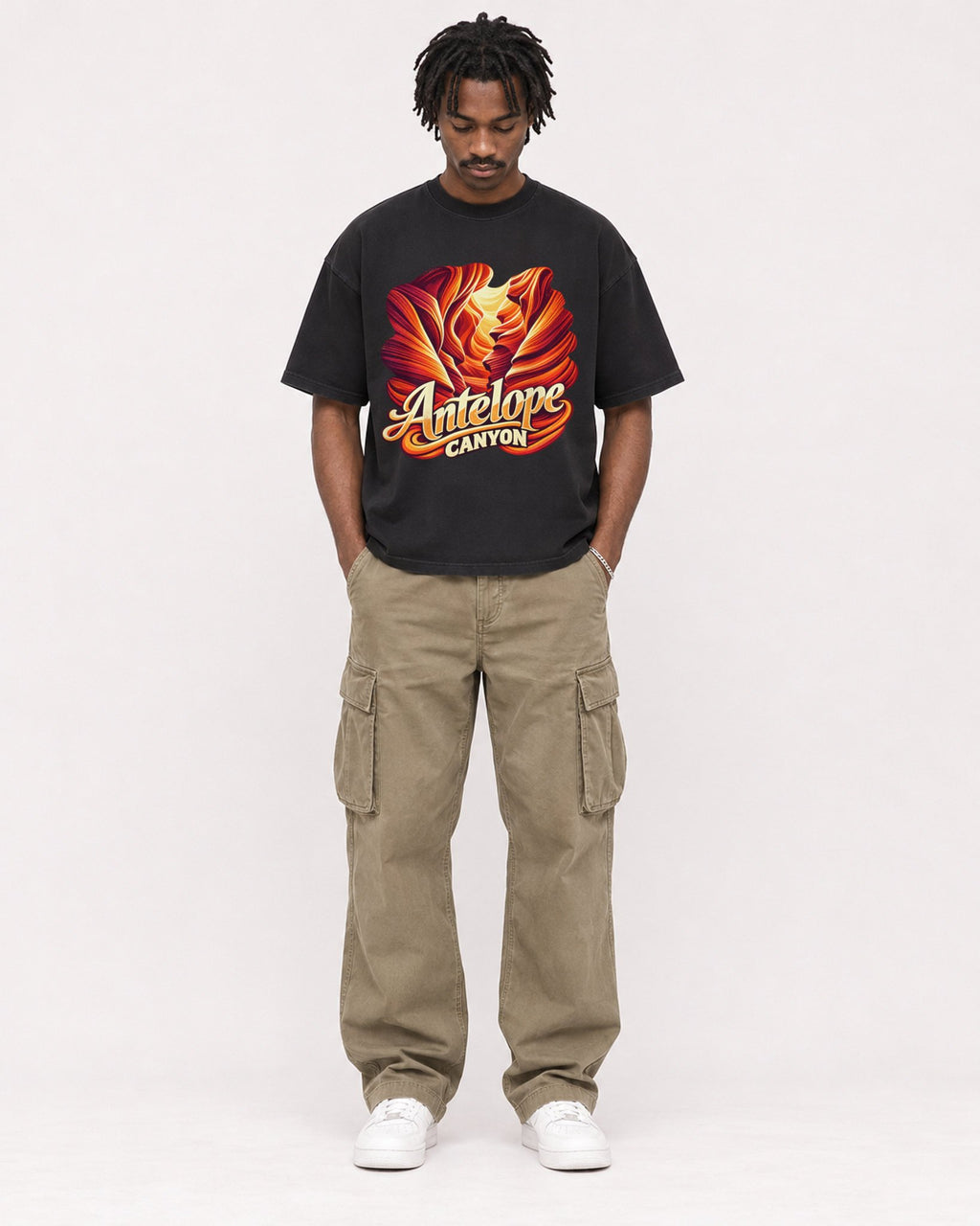Mockup Boxy Heavyweight Tee Black male full-body 04