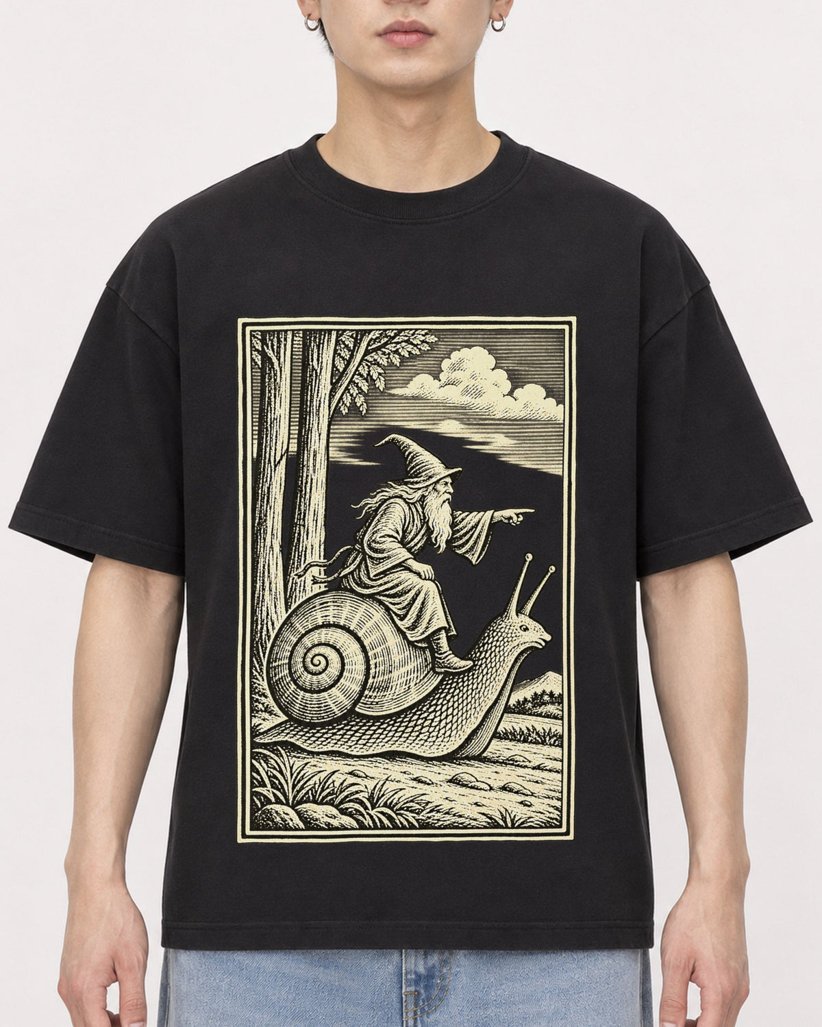 Mockup Boxy Heavyweight Tee Black male close-up 01