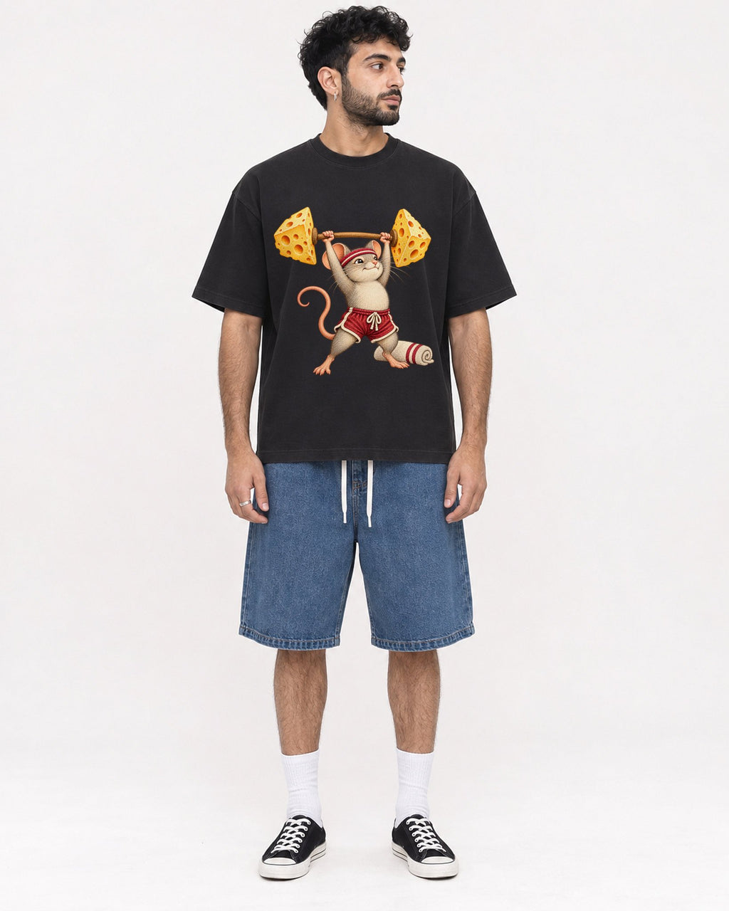Mockup Boxy Heavyweight Tee Black male full-body 07