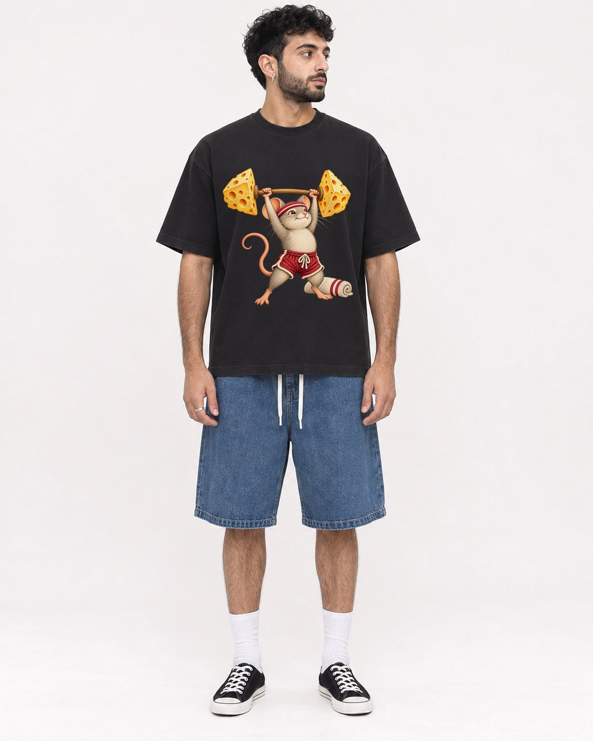 Mockup Boxy Heavyweight Tee Black male full-body 07