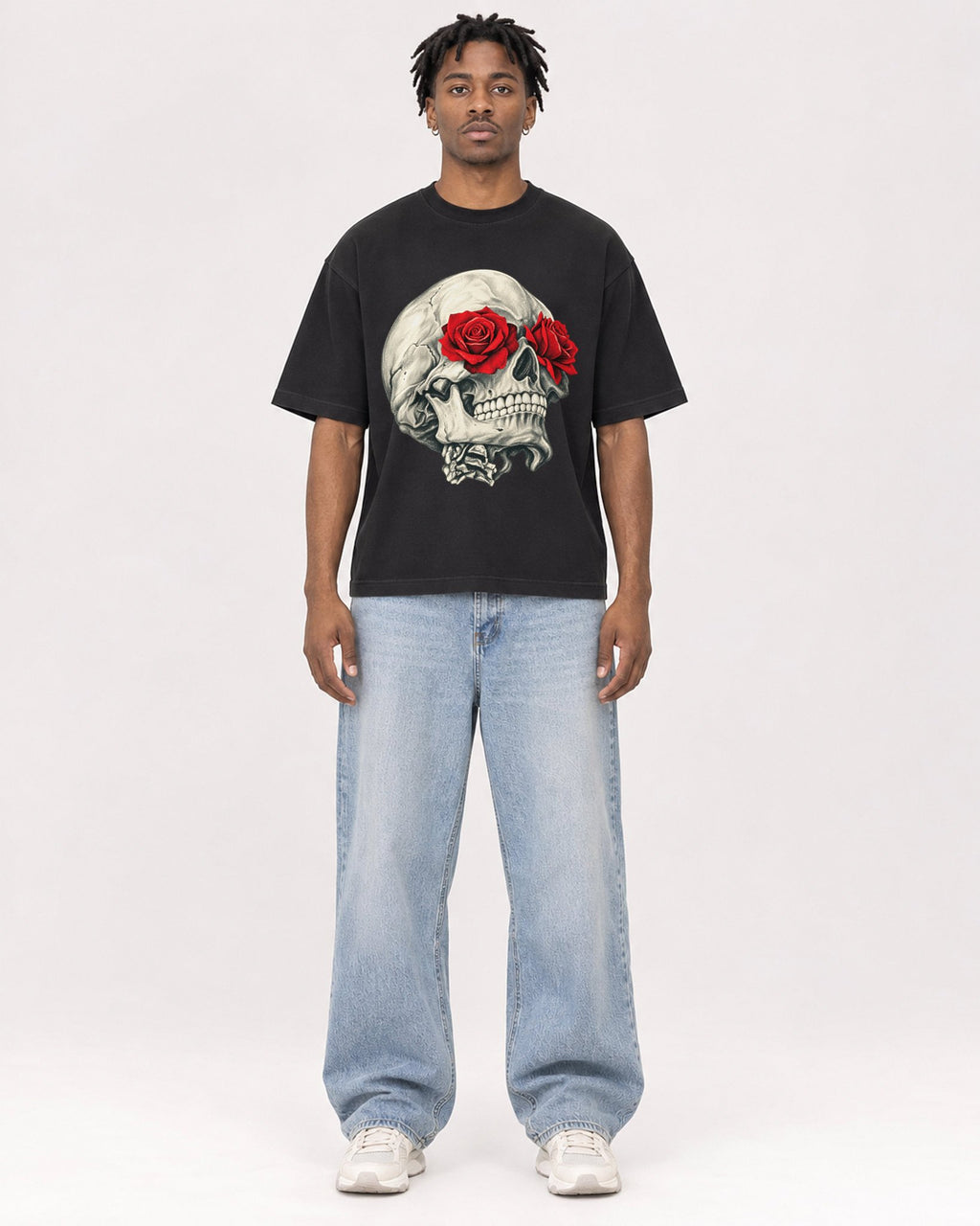 Mockup Boxy Heavyweight Tee Black male full-body 05