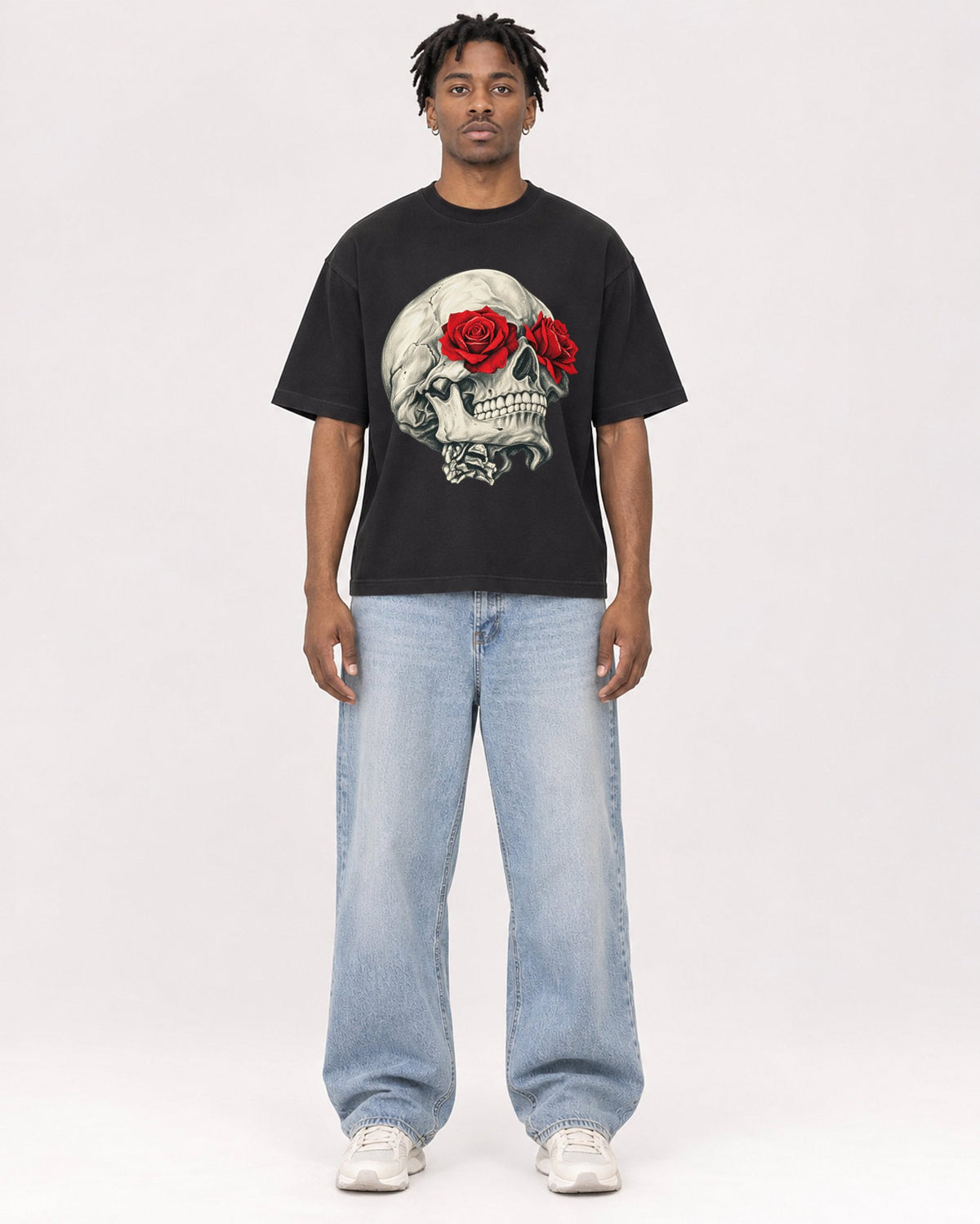 Mockup Boxy Heavyweight Tee Black male full-body 05