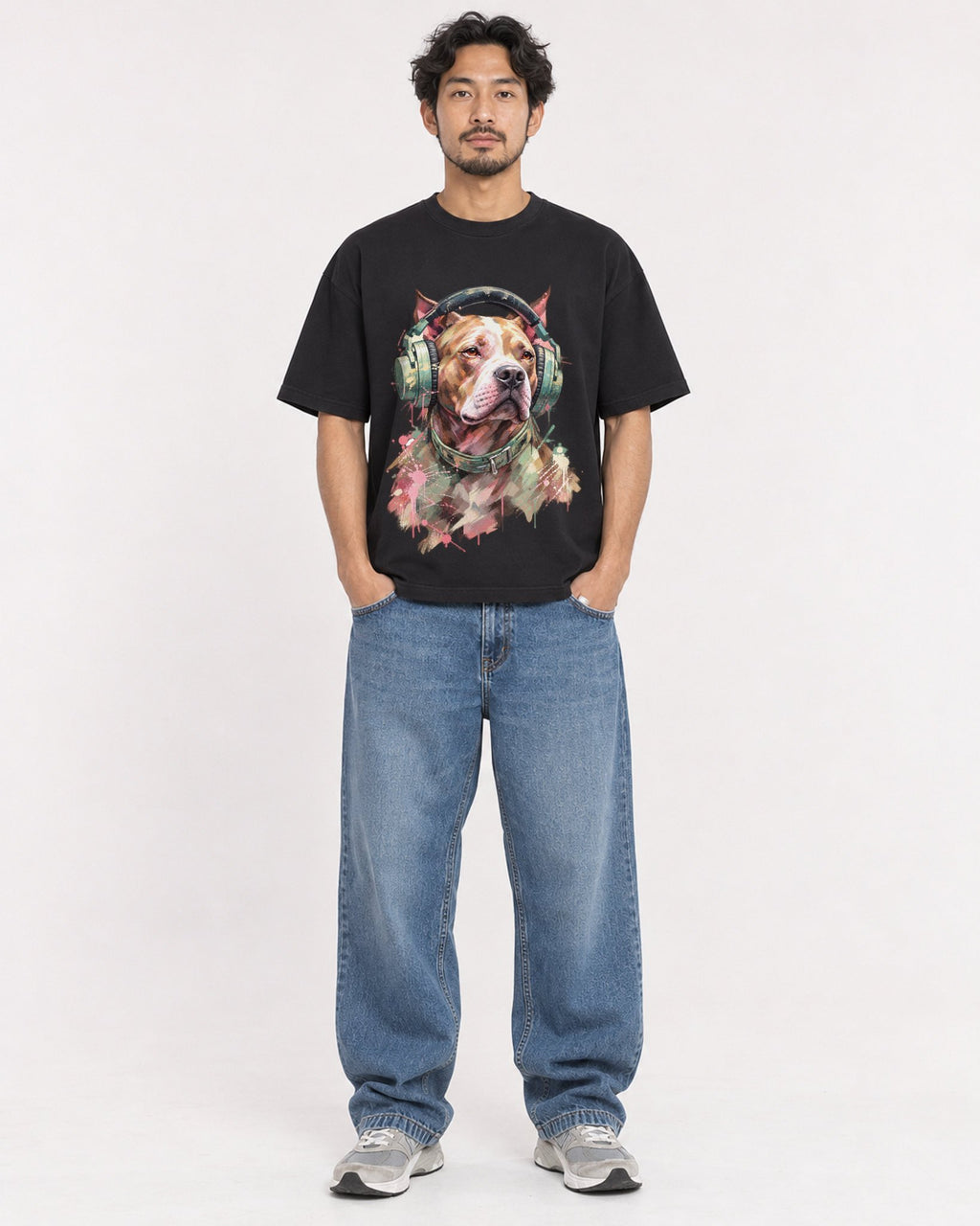 Mockup Boxy Heavyweight Tee Black male full-body 02