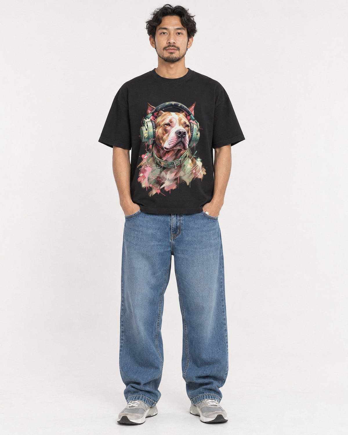 Mockup Boxy Heavyweight Tee Black male full-body 02