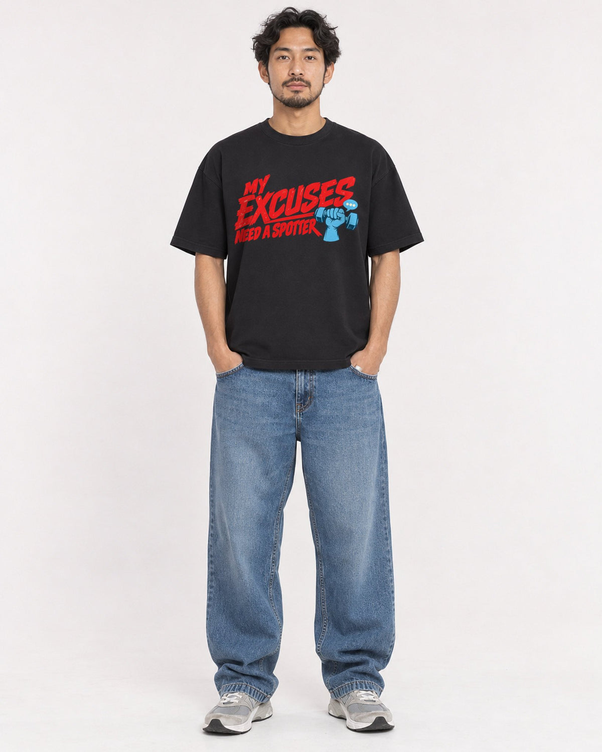 Mockup Boxy Heavyweight Tee Black male full-body 02
