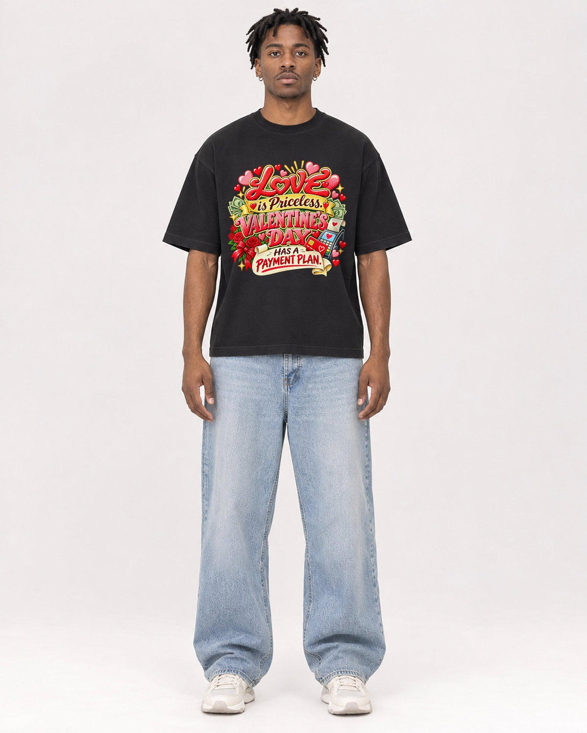 Mockup Boxy Heavyweight Tee Black male full-body 05