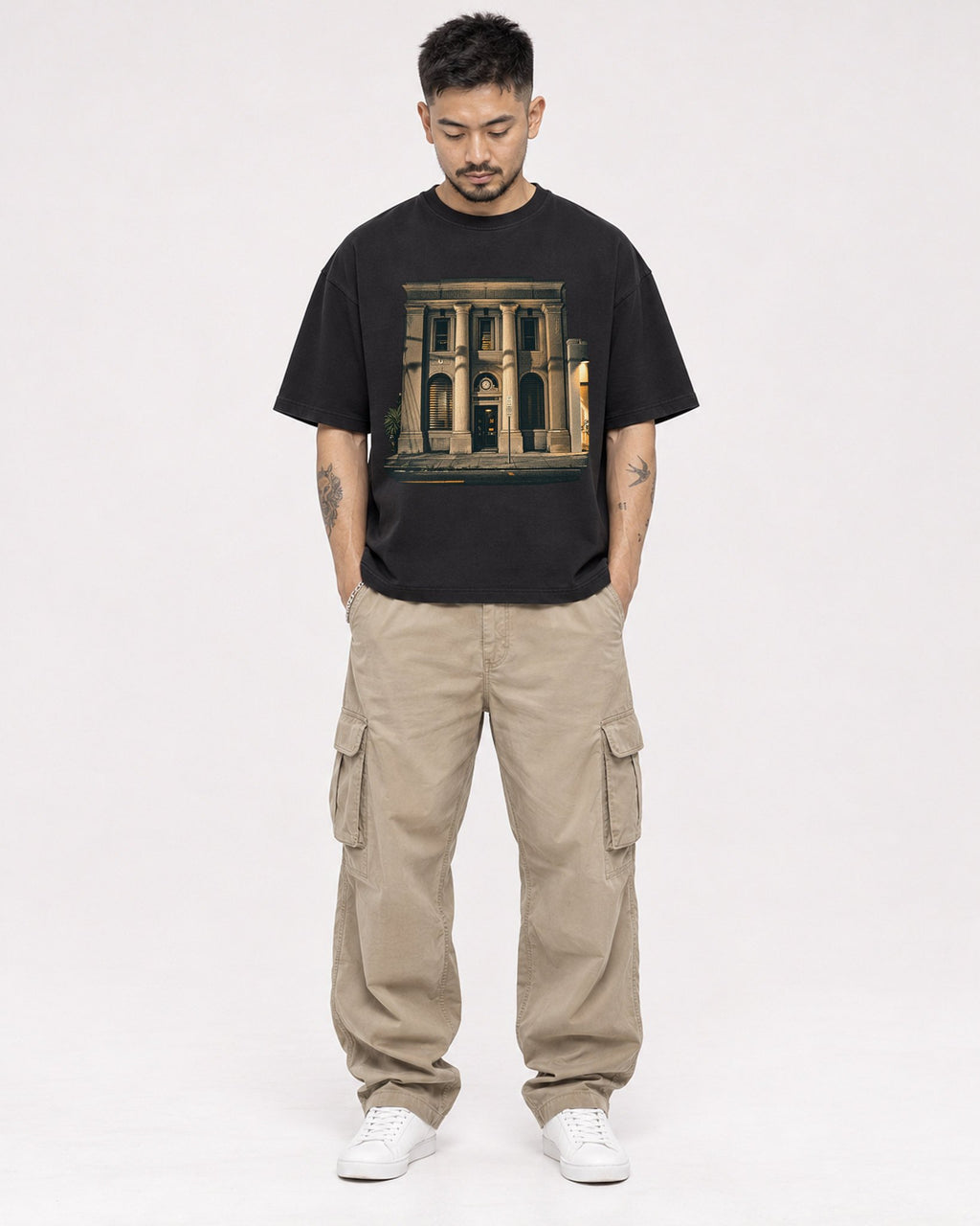 Mockup Boxy Heavyweight Tee Black male full-body 12