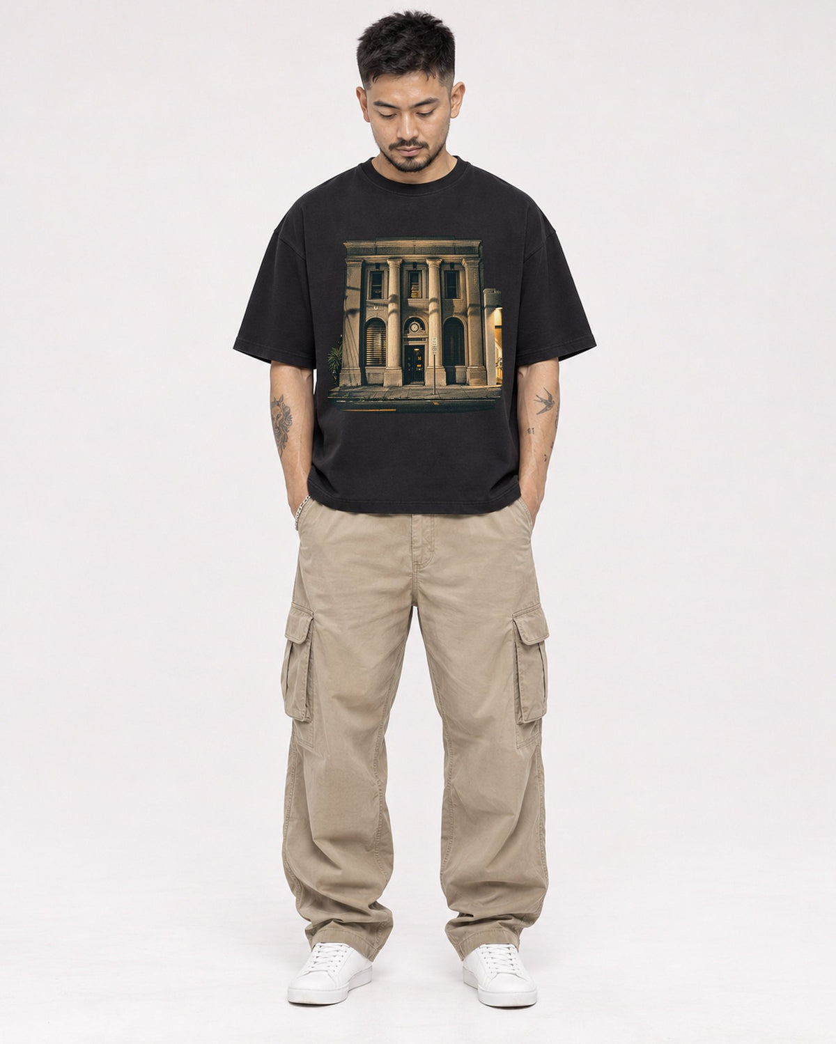 Mockup Boxy Heavyweight Tee Black male full-body 12