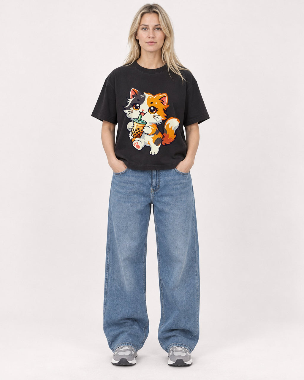 Mockup Boxy Heavyweight Tee Black female full-body 08