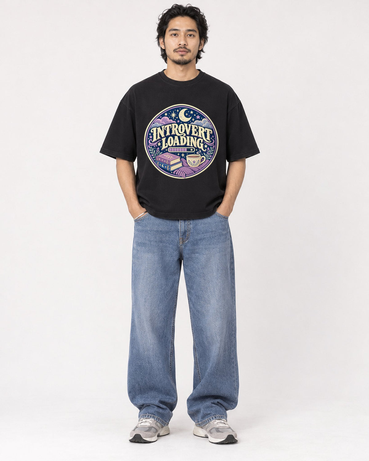 Mockup Boxy Heavyweight Tee Black male full-body 22