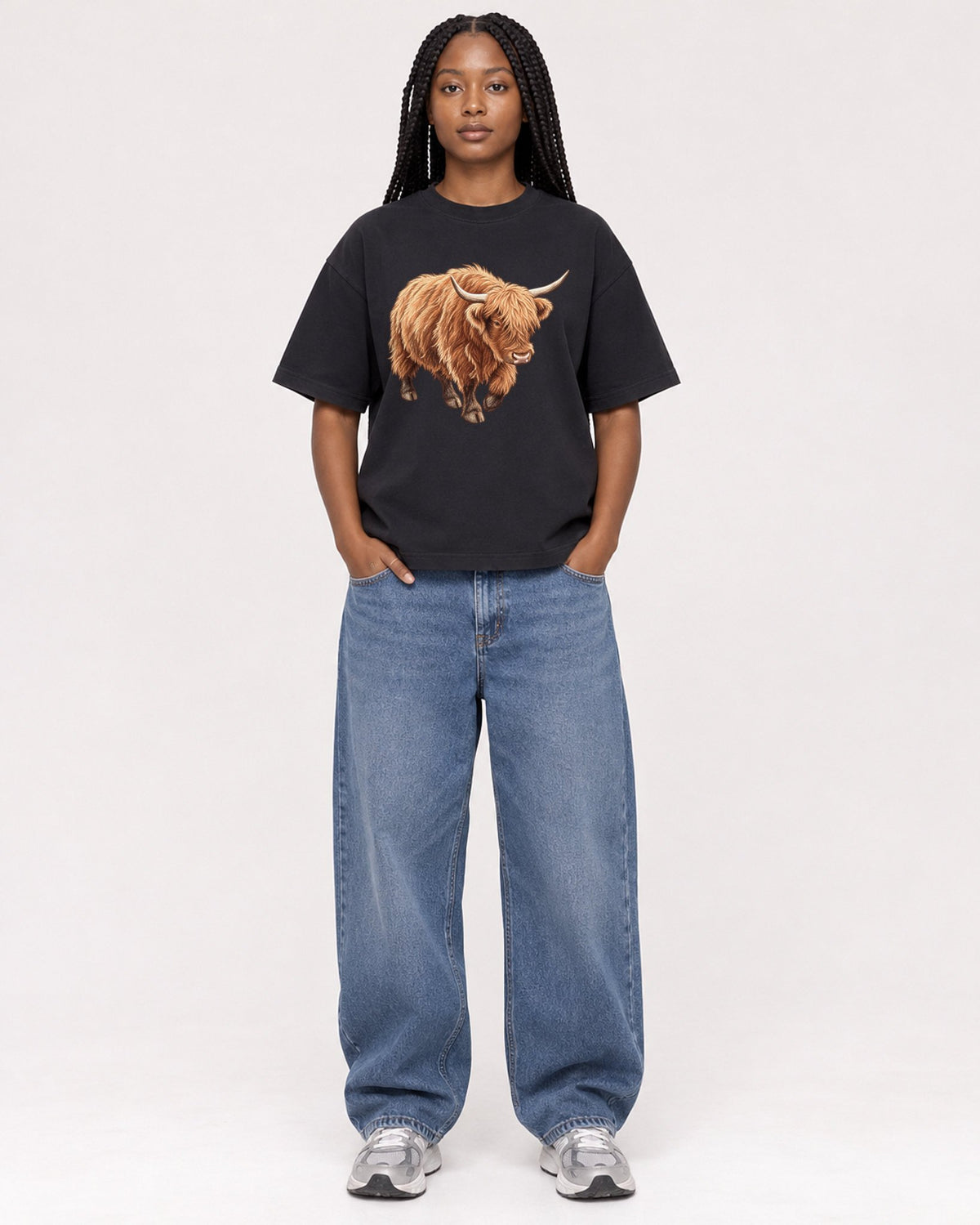 Mockup Boxy Heavyweight Tee Black female full-body 04