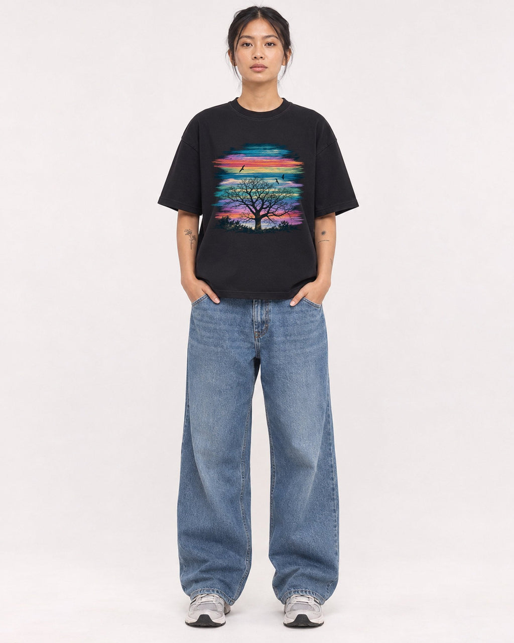 Mockup Boxy Heavyweight Tee Black female full-body 12