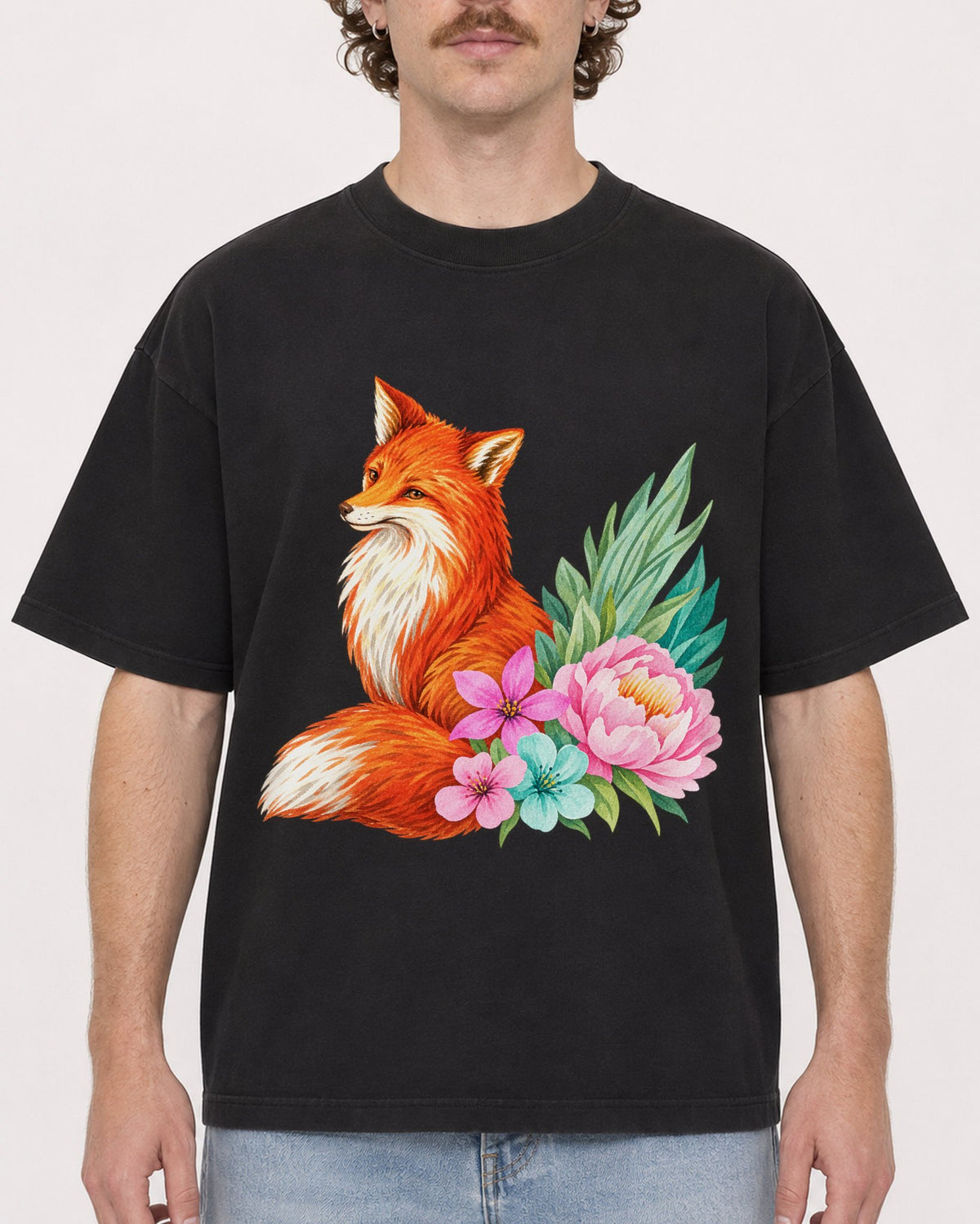 Mockup Boxy Heavyweight Tee Black male close-up 09