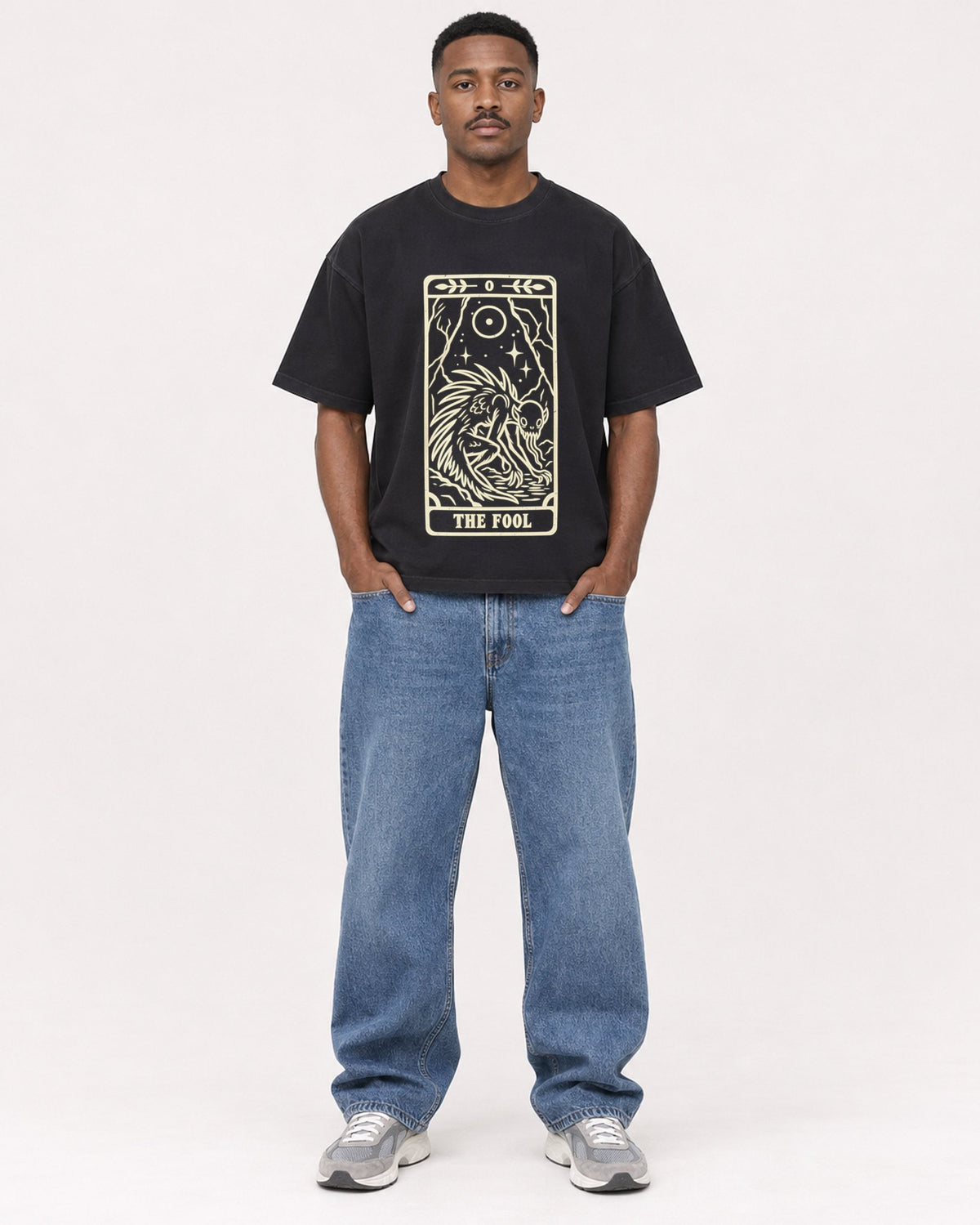 Mockup Boxy Heavyweight Tee Black male full-body 14