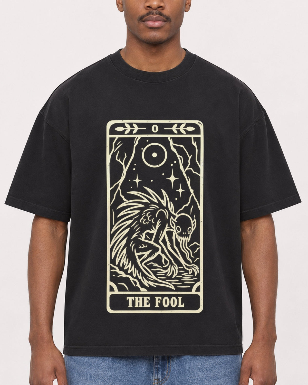 Mockup Boxy Heavyweight Tee Black male close-up 14