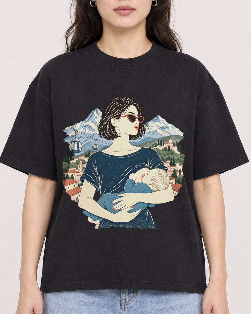 Mockup Boxy Heavyweight Tee Black female close-up 03