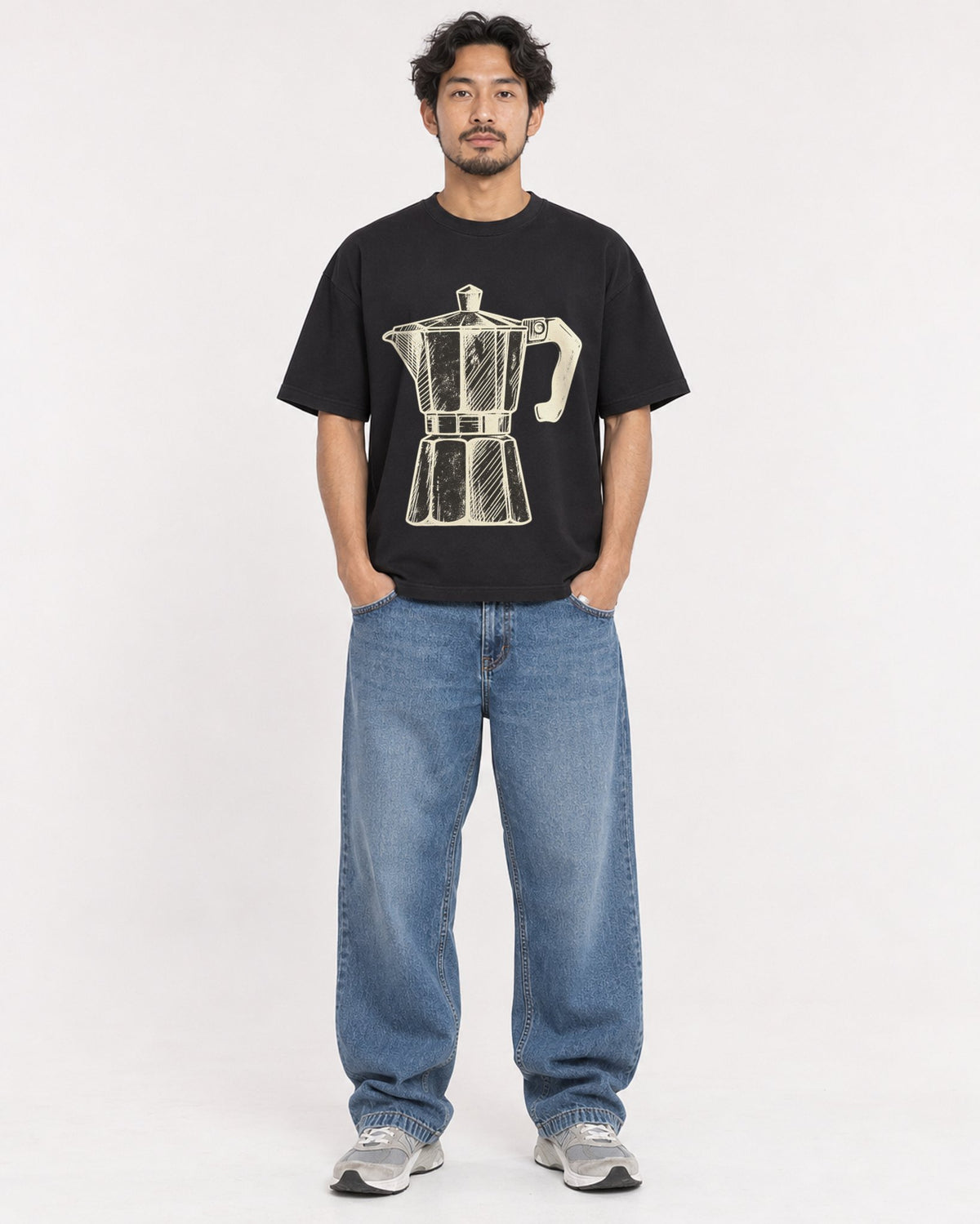 Mockup Boxy Heavyweight Tee Black male full-body 02