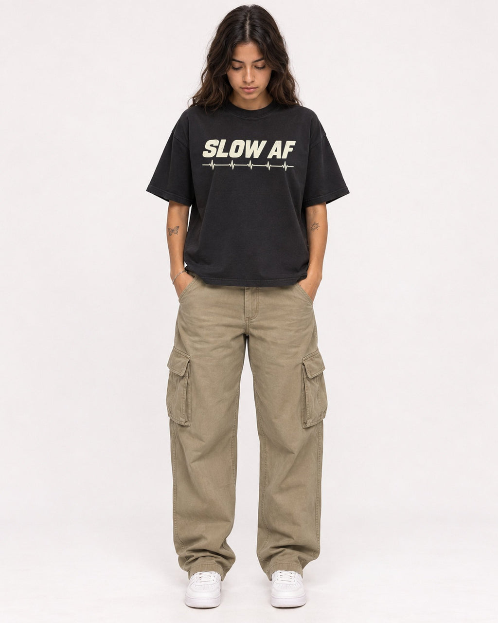 Mockup Boxy Heavyweight Tee Black female full-body 06