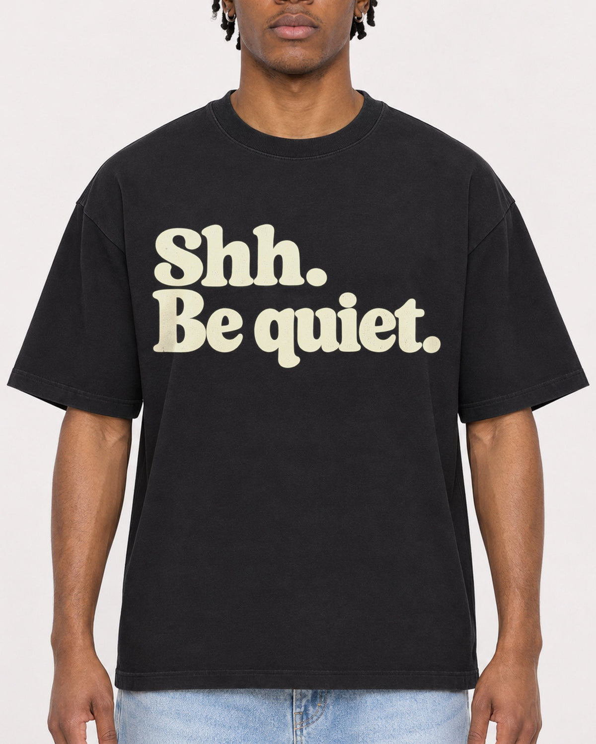 Mockup Boxy Heavyweight Tee Black male close-up 05