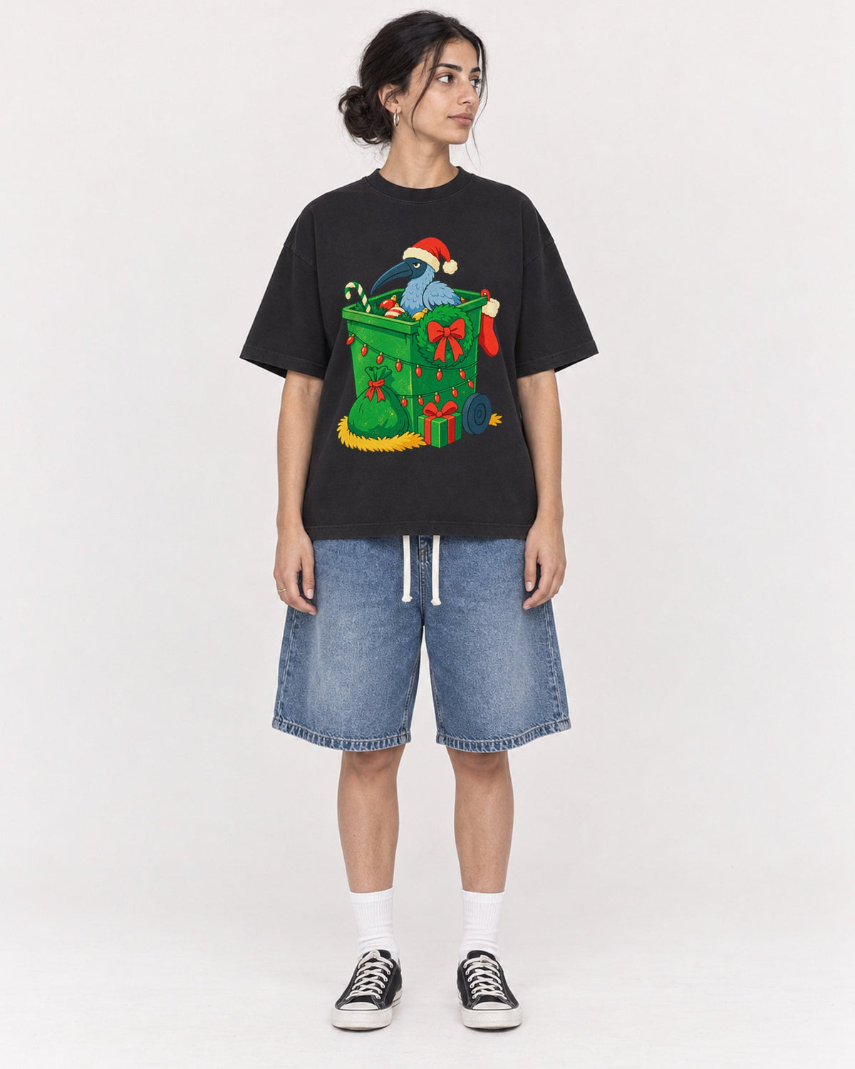 Mockup Boxy Heavyweight Tee Black female full-body 17