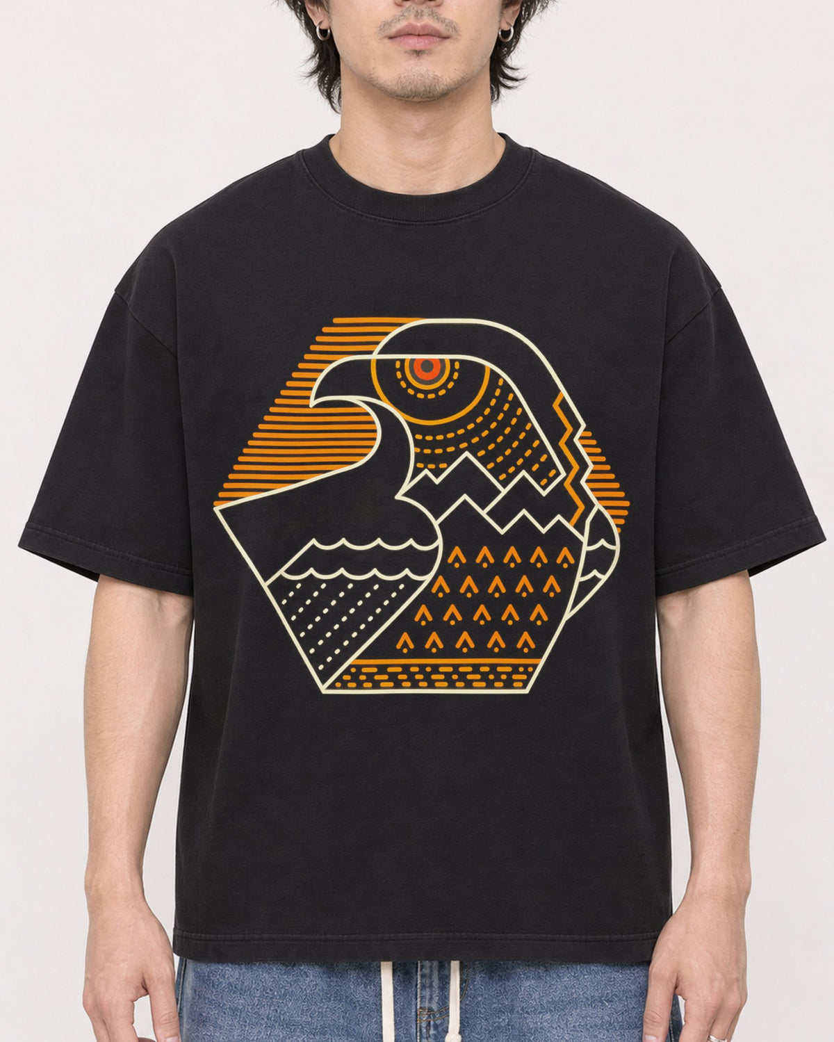 Mockup Boxy Heavyweight Tee Black male close-up 03