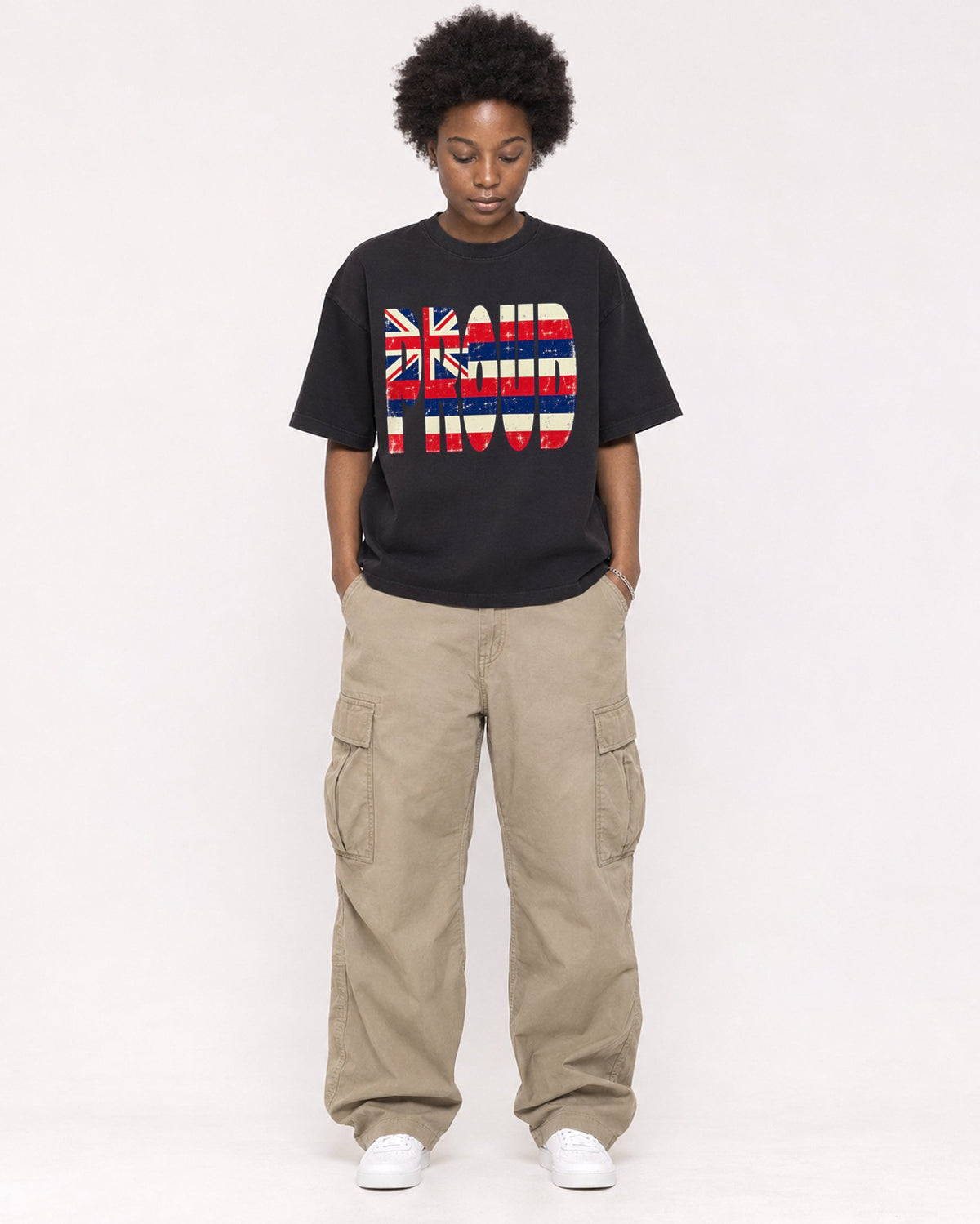 Mockup Boxy Heavyweight Tee Black female full-body 14