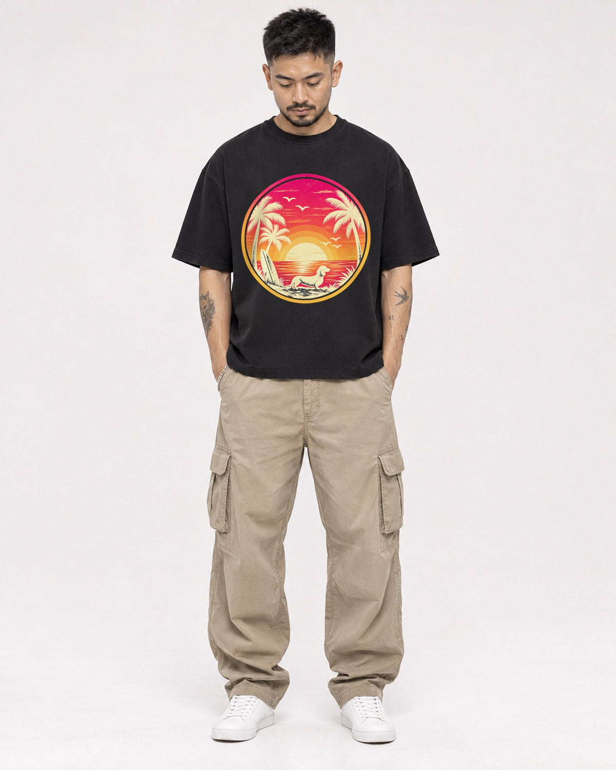Mockup Boxy Heavyweight Tee Black male full-body 12