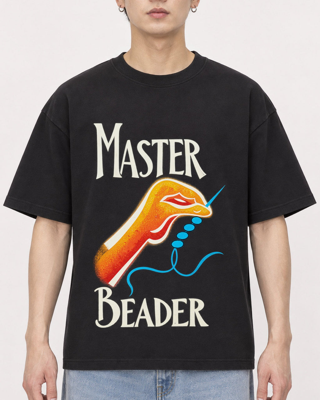 Mockup Boxy Heavyweight Tee Black male close-up 01