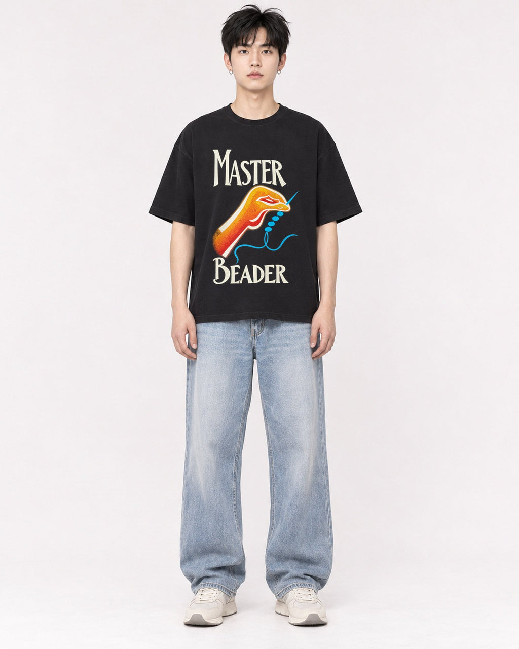 Mockup Boxy Heavyweight Tee Black male full-body 01
