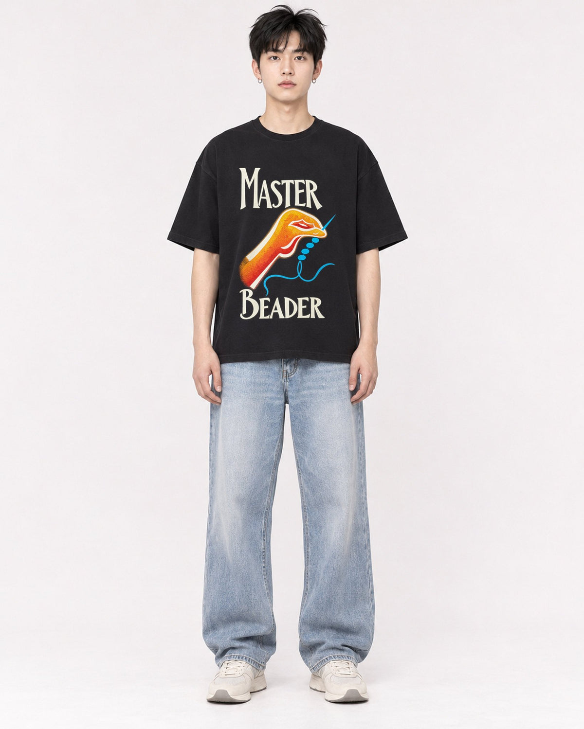 Mockup Boxy Heavyweight Tee Black male full-body 01