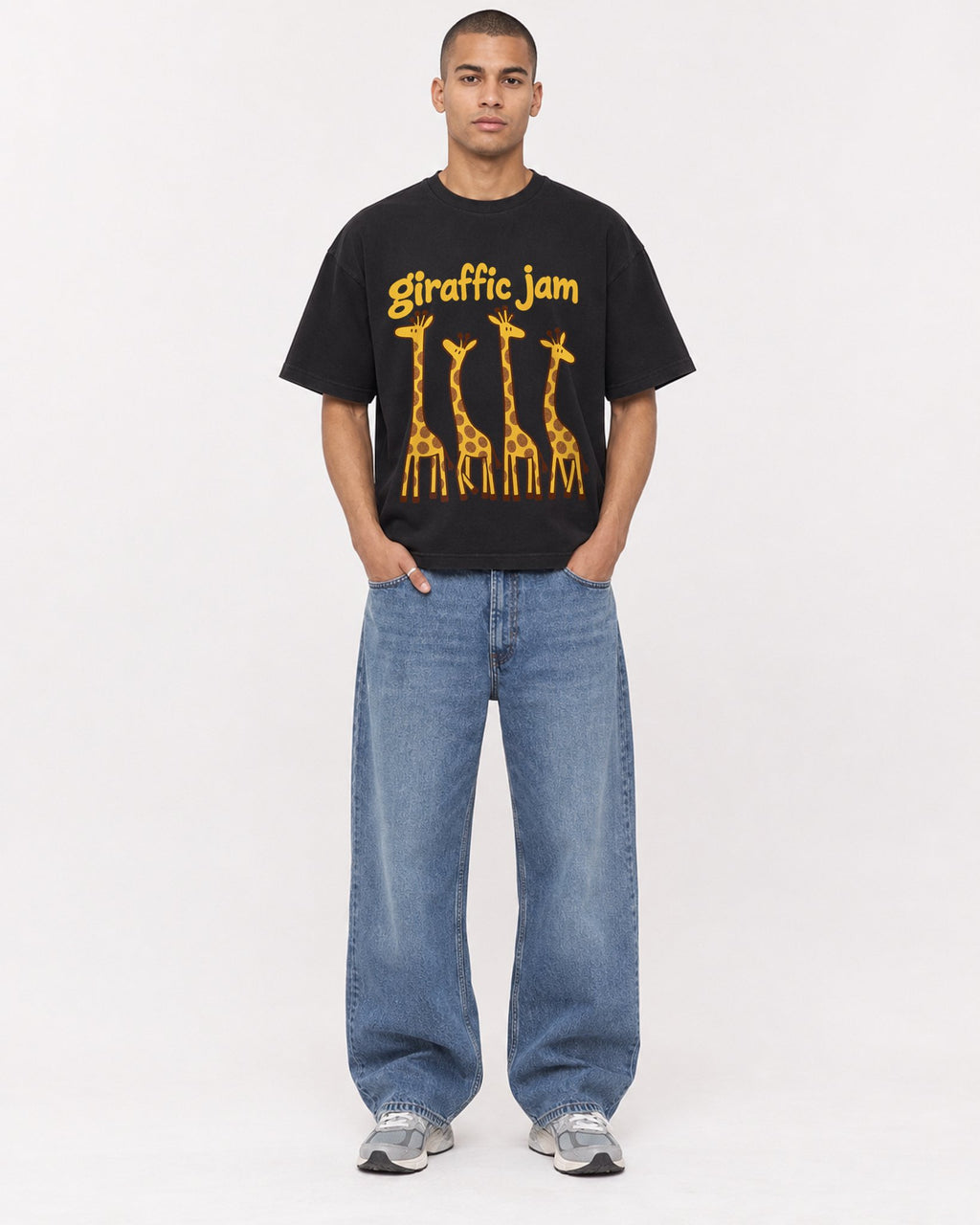 Mockup Boxy Heavyweight Tee Black male full-body 50