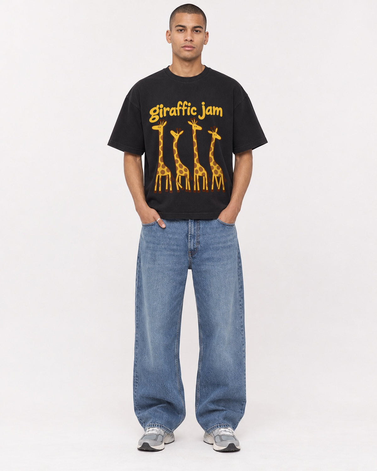 Mockup Boxy Heavyweight Tee Black male full-body 50
