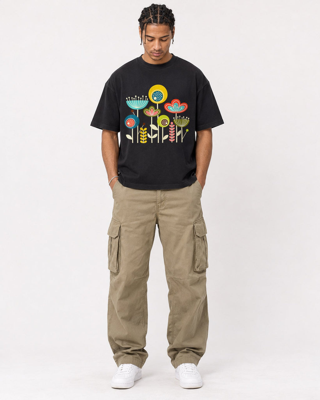 Mockup Boxy Heavyweight Tee Black male full-body 40
