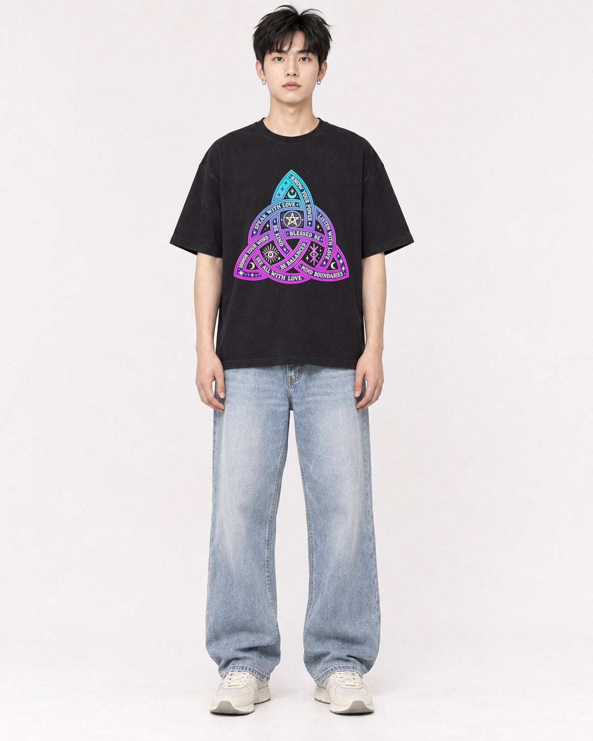 Mockup Boxy Heavyweight Tee Black male full-body 01