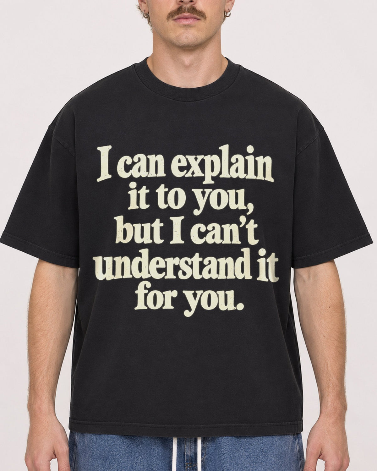 Mockup Boxy Heavyweight Tee Black male close-up 19