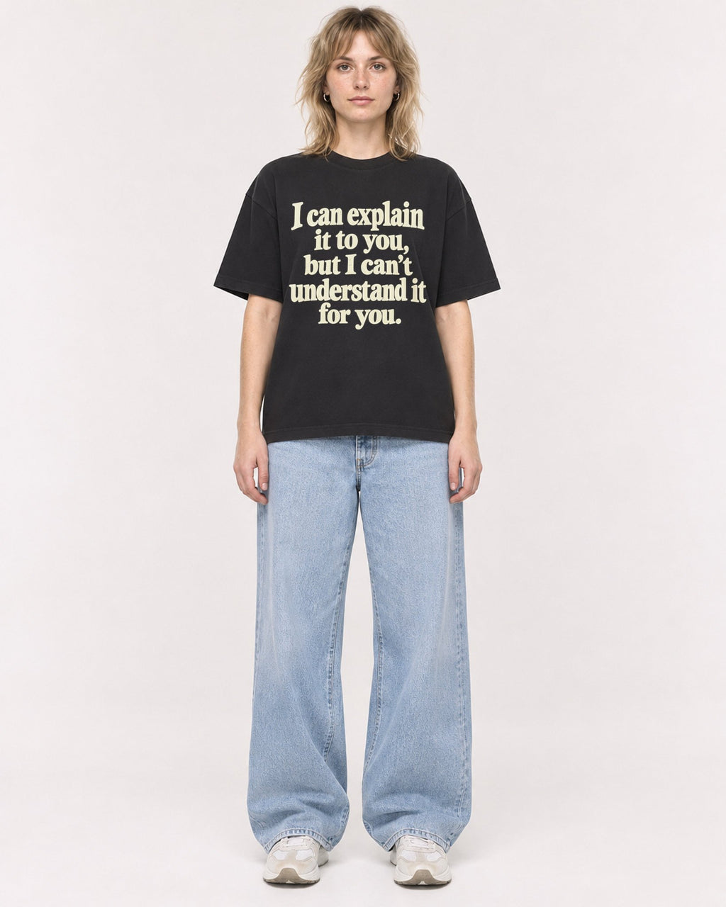 Mockup Boxy Heavyweight Tee Black female full-body 19