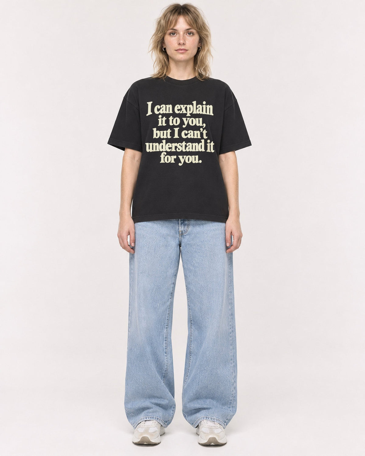 Mockup Boxy Heavyweight Tee Black female full-body 19