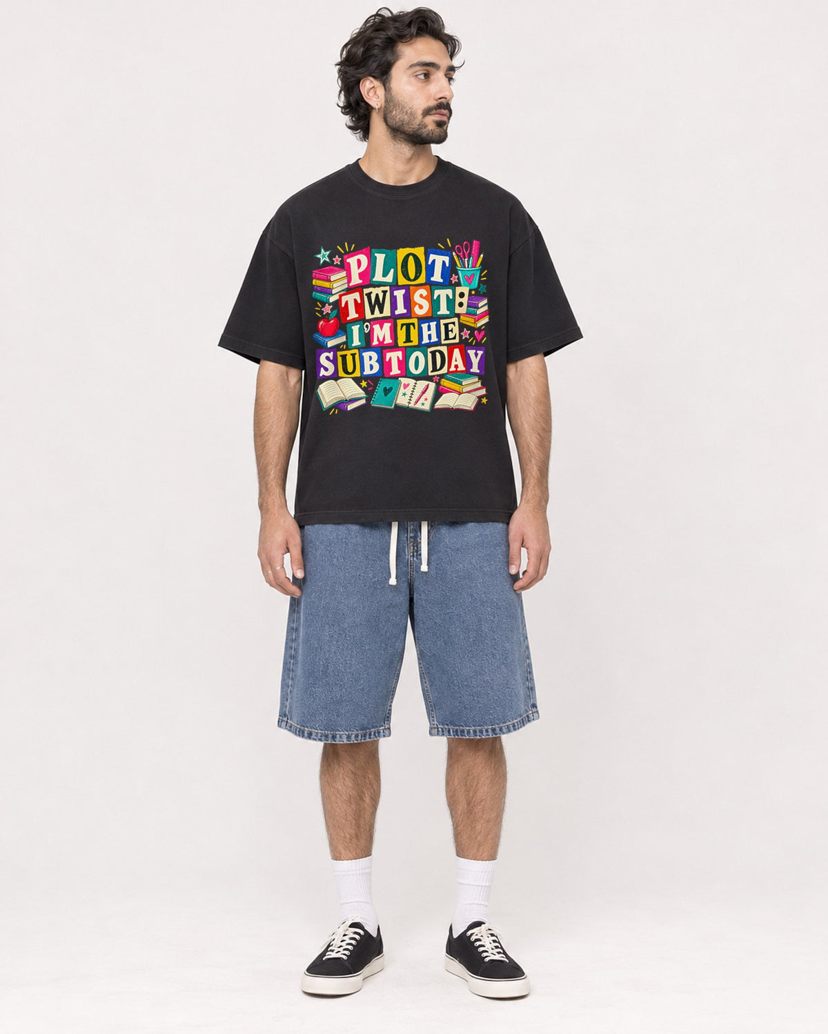 Mockup Boxy Heavyweight Tee Black male full-body 47