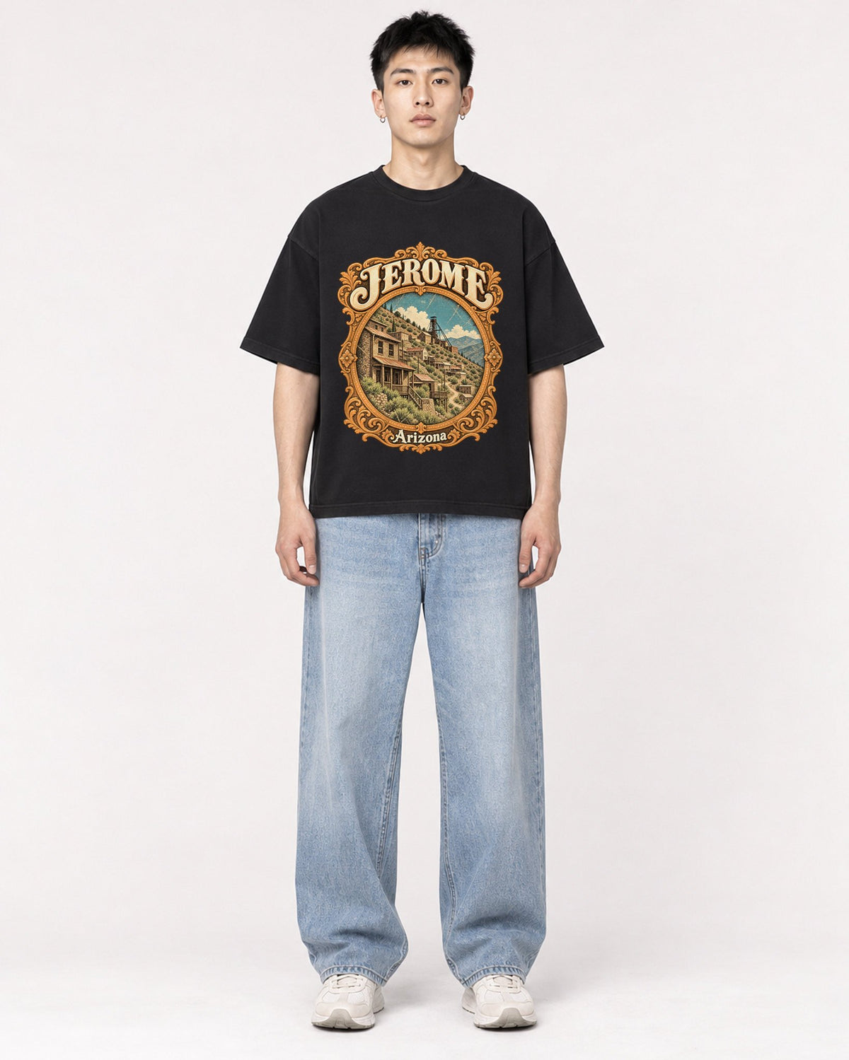 Mockup Boxy Heavyweight Tee Black male full-body 21